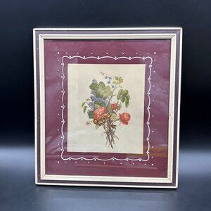 Vintage Floral Art Print Wood Frame Cream Maroon Pink Roses Romantic Cottagecore